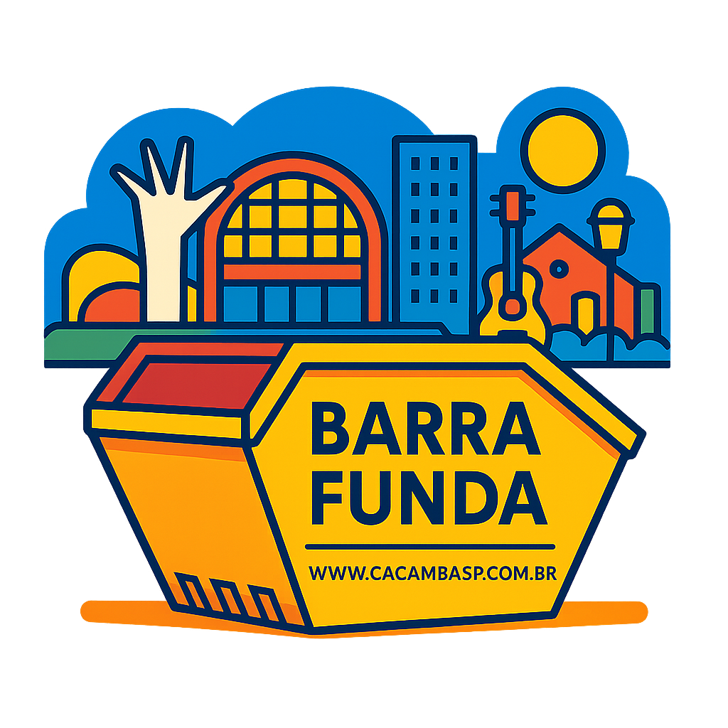 Caçamba SP – Ilustração estilizada de caçamba de entulho com skyline de Barra Funda em São Paulo